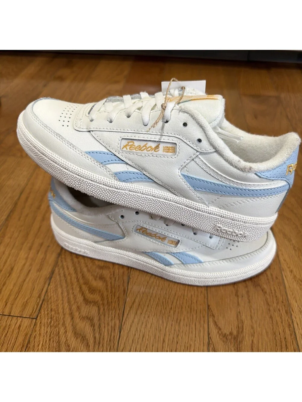 Size 6 US women’s Reebok Club C Revenge Sneakers White Light Blue Gold Leather